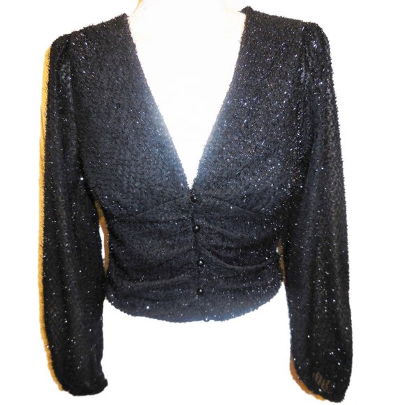 Cardigan cropped NEW button-down long sleeve fuzzy shiny dressy party top - Picture 1 of 11